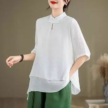 Летняя хлопковая льняная блузка черного и белого цвета с простым воротником-стойкой и пуговицами, двухслойная рубашка с капюшоном для женщин M белый