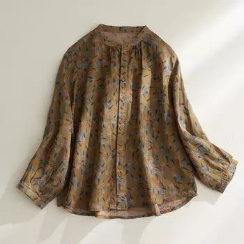 Летняя хлопковая льняная блузка с винтажным принтом, топы, художественная женская рубашка больших размеров, топы, рубашки M красный