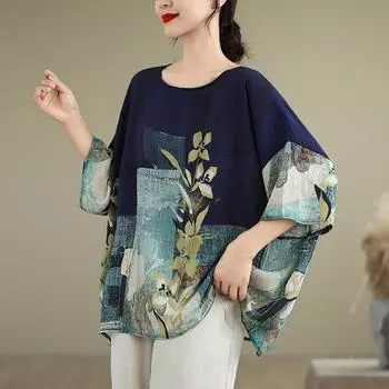 Летняя хлопковая льняная блузка в этническом стиле с рукавами «летучая мышь», свободная, большого размера, женская футболка с круглым вырезом One Size