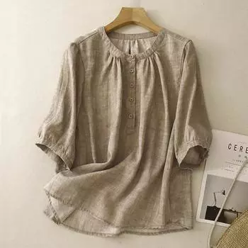 Летняя хлопковая льняная блузка в стиле ретро для женщин с пуговицами, стоячим воротом, коротким рукавом, повседневная женская верхняя рубашка