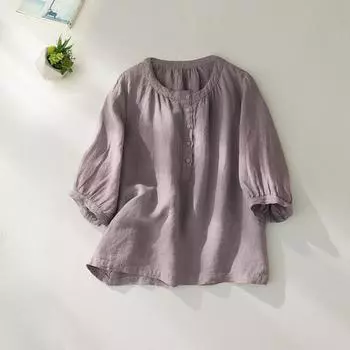 Летняя хлопковая льняная блузка в стиле ретро для женщин с пуговицами, стоячим воротом, коротким рукавом, повседневная женская верхняя рубашка M синий