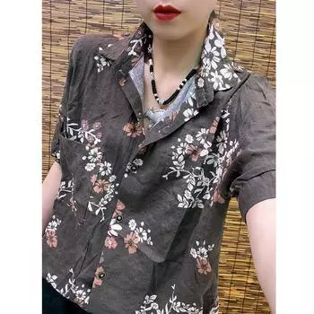 Летняя хлопковая льняная блузка, винтажные рубашки с короткими рукавами для женщин, свободная облегающая рубашка с ретро-принтом, корейская универсальная рубашка M кофейный