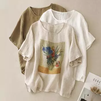 Летняя хлопковая льняная футболка больших размеров с художественным принтом и круглым вырезом, короткими рукавами, для женщин M белый