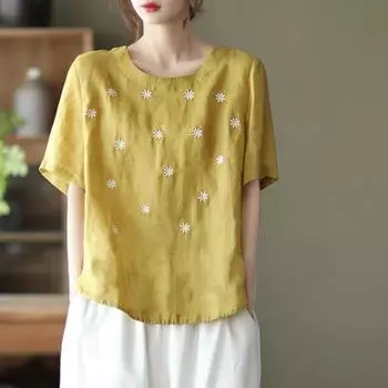 Летняя хлопковая льняная футболка в стиле ретро с цветочной вышивкой большого размера, свободная повседневная футболка с короткими рукавами для женщин, женские футболки M жёлтый