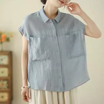 Летняя хлопковая льняная художественная рубашка с ретро-воротником, свободная однобортная, утягивающая, топ для женщин M белый