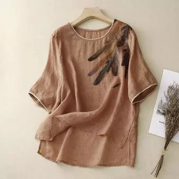 Летняя хлопковая льняная художественная свободная футболка с круглым вырезом и короткими рукавами для женщин M белый