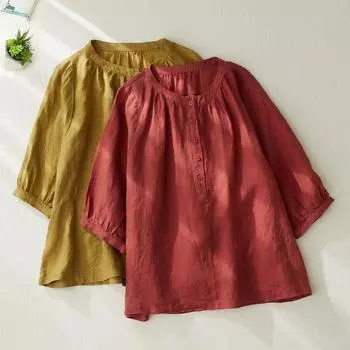 Летняя хлопковая льняная художественная свободная однотонная рубашка с круглым вырезом для женщин M серый