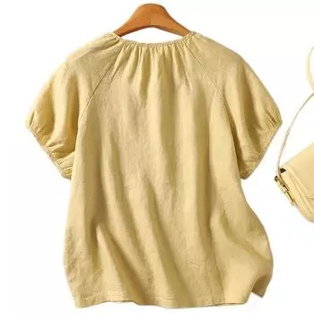 Летняя хлопковая льняная художественная свободная повседневная однотонная корейская версия ретро простая рубашка с короткими рукавами для женщин M жёлтый