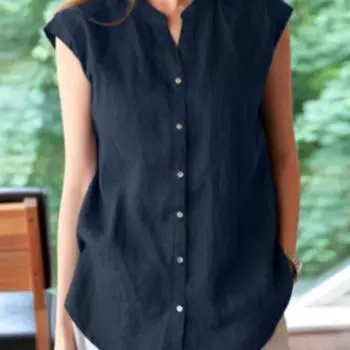 Летняя хлопковая льняная однотонная повседневная рубашка с воротником-стойкой на пуговицах без рукавов с нестандартным нисходящим кроем, блузки и рубашки S тёмно-синий