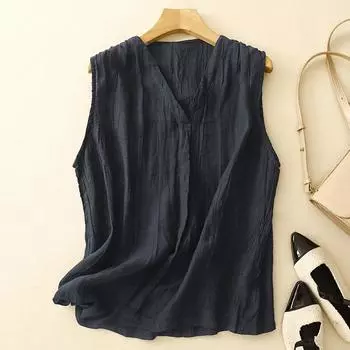 Летняя хлопковая льняная плиссированная тонкая верхняя одежда без рукавов жилет для женщин жилеты и жилеты женские M темно-синий