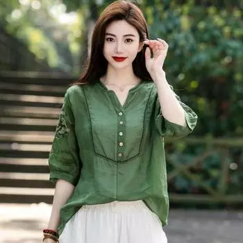 Летняя хлопковая льняная ретро-арт ретро-вышивка маленькая V-образная горловина вышитые рукава хлопковая рубашка пуловер топ рубашки M зелёный