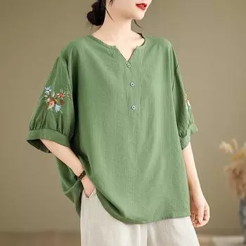 Летняя хлопковая льняная рубашка больших размеров в стиле ретро с вышивкой в этническом стиле для женщин M фиолетовый