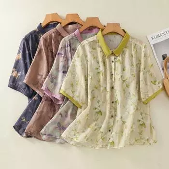 Летняя хлопковая льняная рубашка с цветочным рисунком в стиле ретро, свободная повседневная однобортная рубашка для женщин, блузки и рубашки M зелёный