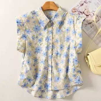 Летняя хлопковая льняная рубашка с художественным принтом, уменьшающим возраст, с открытыми плечами, во французском стиле, короткая рубашка для женщин M синий