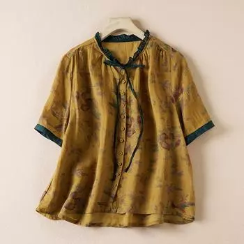 Летняя хлопковая льняная рубашка с принтом, женская однобортная рубашка со шнуровкой и воротником-стойкой M оранжевый
