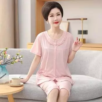 Летняя хлопковая пижама-капри, комплект с цветочным принтом для женщин, пижама для отдыха, мягкая пижама с отворотами M for 40-50kg