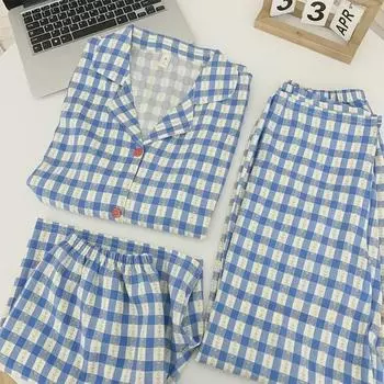 Летняя хлопковая пижама в клетку с цветочным принтом: Женский комплект из трех предметов с коротким рукавом в японском стиле - милая домашняя одежда в стиле интернет-знаменитостей. Female XL size [recommended 115-140 catties]