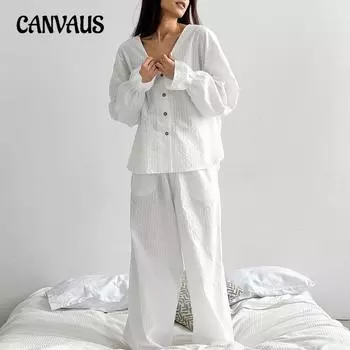 Летняя хлопковая пижама, женский пижамный костюм, жаккард, свободные брюки с длинными рукавами, мягкий, приятный для кожи костюм, кардиган, дышащий S белый