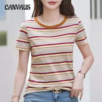 Летняя хлопковая свободная футболка с коротким рукавом и круглым вырезом, женские полосатые топы S синий