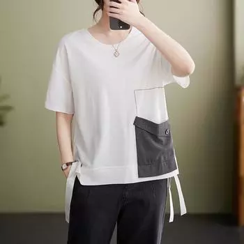 Летняя хлопковая трикотажная клетчатая нашивка с большим свободным верхом спереди и длинной спинкой для женщин M белый