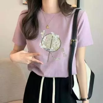 Летняя хлопковая женская футболка с круглым вырезом и коротким рукавом, новая футболка с трендовым принтом S белый