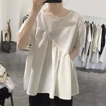 Летняя хлопково-льняная белая блузка женские с круглым вырезом свободные повседневные рубашки с короткими рукавами женские модные винтажные женские топы Blusas 27034 M орион