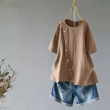 Летняя хлопково-льняная блузка большого размера, женские блузки с круглым вырезом и пуговицами с короткими рукавами, белые, черные блузки с неровным подолом S белый