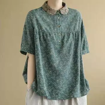 Летняя хлопково-льняная блузка в стиле ретро с цветочным принтом, топ с короткими рукавами, женские кружевные лоскутные блузки с воротником на пуговицах и воротником «Питер Пэн» M зелёный