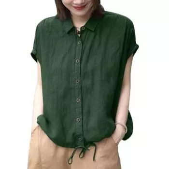 Летняя хлопково-льняная блузка, винтажный свободный повседневный топ для женщин, однотонная рубашка с короткими рукавами и воротником с лацканами M зелёный