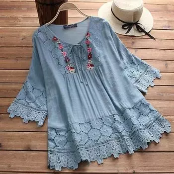 Летняя хлопково-льняная кружевная блузка для женщин 2024, свободная белая рубашка с v-образным вырезом, женские винтажные топы с расклешенными рукавами, 30659 4XL белый