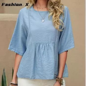 Летняя хлопково-льняная свободная рубашка, женская блузка, плиссированная повседневная женская рубашка с короткими рукавами S белый