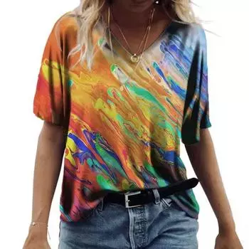 Летняя художественная роспись Tie Dye 3D принт женская мода красочная футболка с коротким рукавом V-образный вырез футболки уличная одежда сексуальные женские футболки топы S