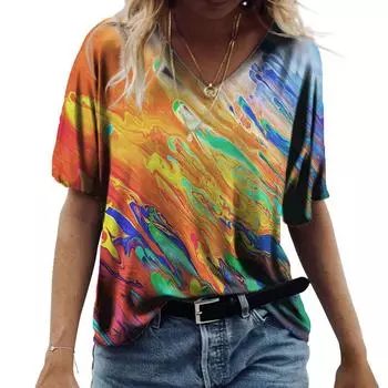 Летняя художественная роспись Tie Dye 3D принт женская мода красочная футболка с коротким рукавом V-образный вырез футболки уличная одежда сексуальные женские футболки топы S