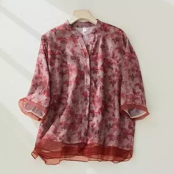 Летняя художественная свободная блузка с цветочным принтом, женская лоскутная рубашка с v-образным вырезом и коротким рукавом, женский винтажный топ M розы красного