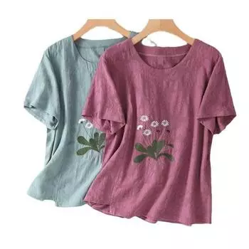 Летняя художественная свободная хлопковая пеньковая жаккардовая футболка с круглым вырезом и вышивкой с коротким рукавом, женская футболка M фуксия