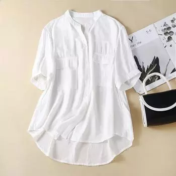 Летняя художественная свободная рубашка для похудения, однотонная универсальная повседневная рубашка с большим карманом для женщин L белый