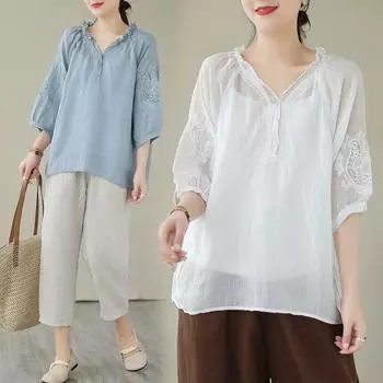 Летняя художественная свободная вышитая цветочная хлопковая пеньковая футболка с V-образным вырезом и рукавом три четверти женская футболка верхняя футболки женские M синий