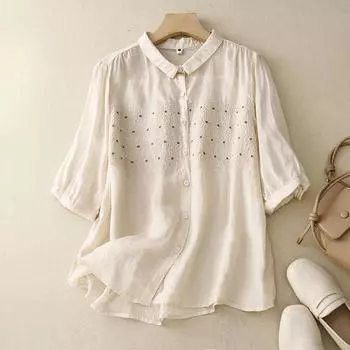Летняя художественная свободная вышитая цветочная рубашка из хлопка и льна с короткими рукавами, женская рубашка-топ M белый