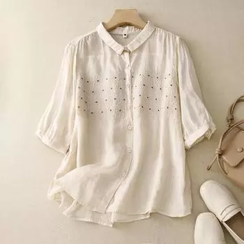 Летняя художественная свободная вышитая цветочная рубашка из хлопка и пеньки с короткими рукавами, женская рубашка, топ, блузки и рубашки M белый