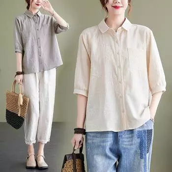 Летняя художественная свободная вышитая цветочная рубашка с пятью рукавами, женская рубашка, топ, блузки и рубашки M белый