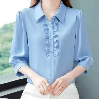 Летняя и осенняя новая женская рубашка с семиминутным рукавом, модная однотонная тонкая блузка с короткими секциями S белый