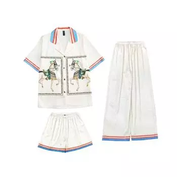 Летняя и осенняя женская пижама из трех частей Ice Silk с короткими рукавами и удобный комплект с принтом в елочку M слоновая кость