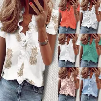 Летняя и осенняя женская рубашка с короткими рукавами и воланами S