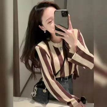 Летняя и весенняя дизайнерская полосатая футболка с длинными рукавами и круглым вырезом, женский пуловер, 2023, повседневный свитер с длинными рукавами, женский пуловер One Size чёрный