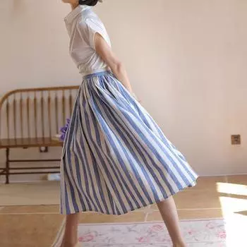 Летняя и весенняя утягивающая полосатая юбка-полуюбка с высокой талией, пляжная юбка-трапеция из хлопка и льна, женская юбка, повседневная эластичная женская юбка L синий