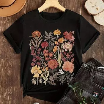 Летняя и весенняя женская одежда, футболки с цветочным принтом, повседневные топы с короткими рукавами и круглым вырезом. S