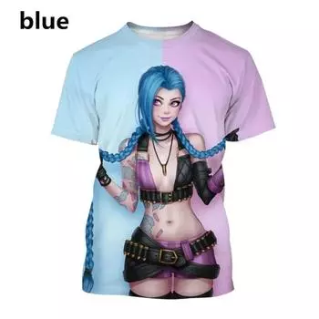 Летняя игра League of Legends Arcane Jinx 3D Fashion Print Футболка Мужская Женская футболка Эстетичные крутые топы Унисекс O-образный вырез Одежда S