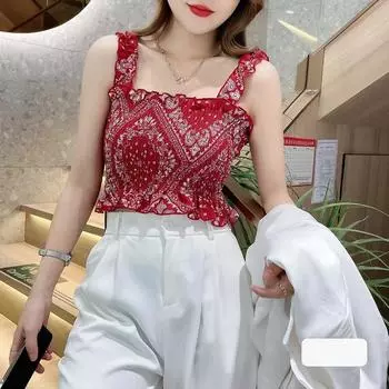 Летняя интернет-знаменитость, новый французский сладкий и пряный топ с оборками на бретелях, эластичный жилет с оборками для женщин One size
