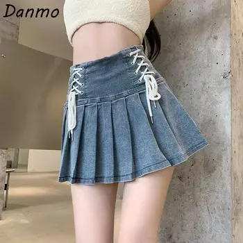 Летняя кавайная клетчатая мини-юбка женская японская милая милая кружевная лоскутная юбка с высокой талией и двойным плиссированием с бантом в стиле Лолита XXL синий