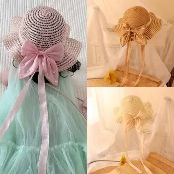 Летняя кепка для девочек, кружевная бантовая лента, уличная солнцезащитная пляжная соломенная шляпа с плоским верхом, детские панамы